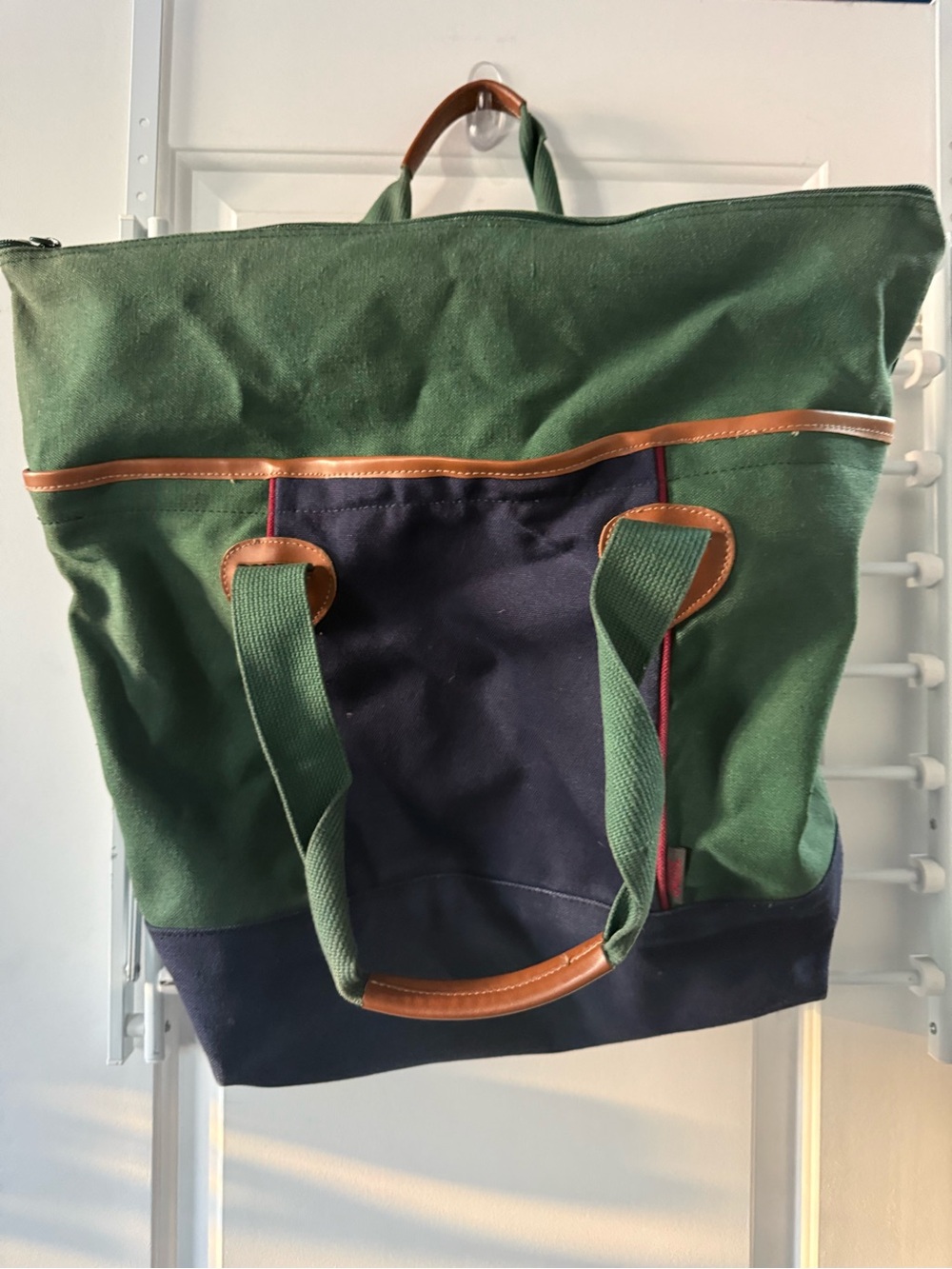 G.H. Bass & Co. Green and Navy Canvas Tote with Brown Trim VINTAGE